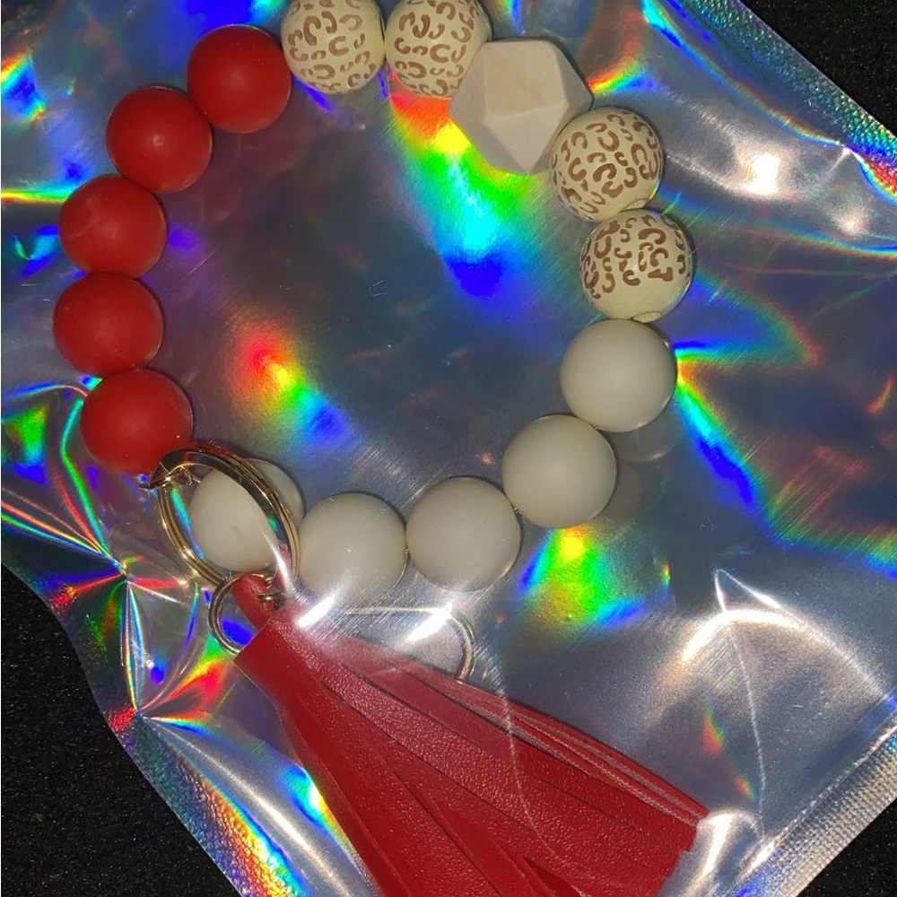 Red and White Beaded Bracelet with Tassel
